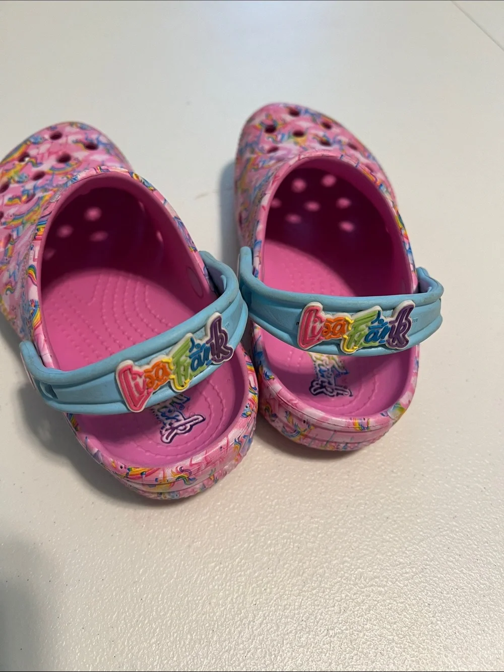 CROCS Pink Lisa Frank Print Clogs with Light Blue Strap